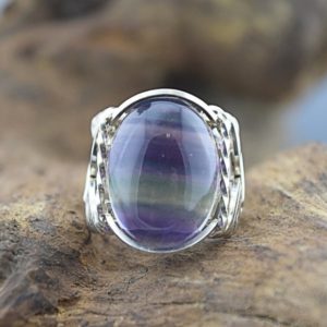 Sterling Silver Rainbow Fluorite Cabochon Wire Wrapped Ring | Natural genuine Gemstone rings, simple unique handcrafted gemstone rings. #rings #jewelry #shopping #gift #handmade #fashion #style #affiliate #ad