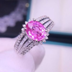 Shop Pink Sapphire Rings! Rare Natural Padparadscha Pink Sapphire Ring, Oval Cut 1.6ct Padparadscha Ring with Real Diamonds, 18K solid White Gold, with Certificate | Natural genuine Pink Sapphire rings, simple unique handcrafted gemstone rings. #rings #jewelry #shopping #gift #handmade #fashion #style #affiliate #ad