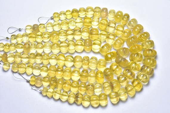 Rare Yellow Fluorite Melon Beads - 8.5 Inches, Natural Yellow Fluorite Smooth Carved Melon Rondelle - Beads Size Is 8.5 - 11 Mm #346