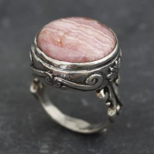 Shop Rhodochrosite Rings! Rhodochrosite Ring, Natural Rhodochrosite, Vintage Ring, Pink Boho Ring, Large Round Ring, Statement Ring, Antique Ring, Solid Silver Ring | Natural genuine Rhodochrosite rings, simple unique handcrafted gemstone rings. #rings #jewelry #shopping #gift #handmade #fashion #style #affiliate #ad