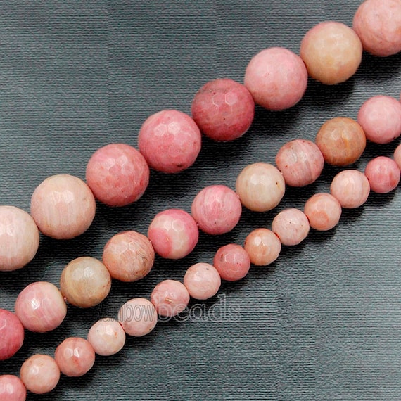 Faceted Rhodonite Beads, 4mm - 12mm Pink Girly Semi-precious Round Gemstone, 15.5'' Inch Strand