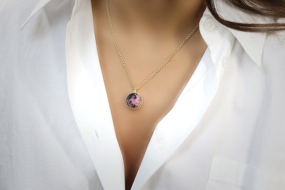 Deep Rhodonite Pendant  · Gold Gemstone Necklace · Semiprecious Necklace · Gifts For Mom · Pink Natural Gem Necklace