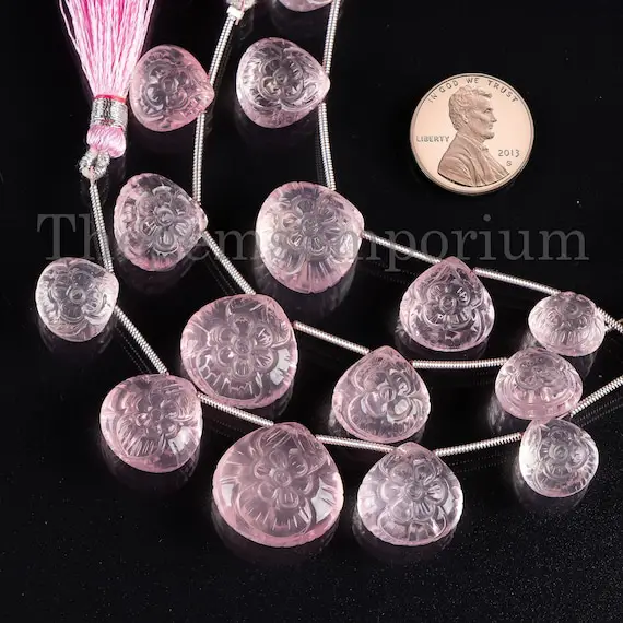 10-12.5mm Rose Quartz Flower Carving Beads, Rose Quartz Beads, Heart Carving Beads, Gemstone Flower Carving Beads For Jewelry, Loose Beads