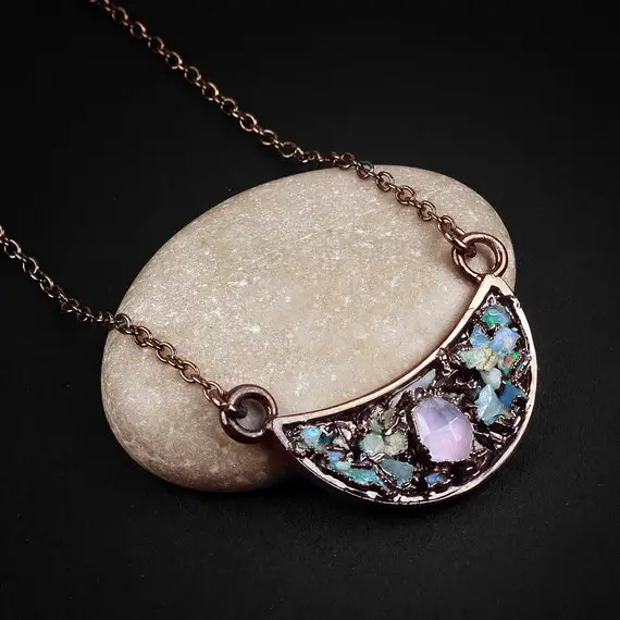 Rose Quartz And Opal Necklace  Unique Necklace  Half Moon Pendant  Locket Pendant  Gemstone Pendant  Gift For Women  Solitaire Pendant