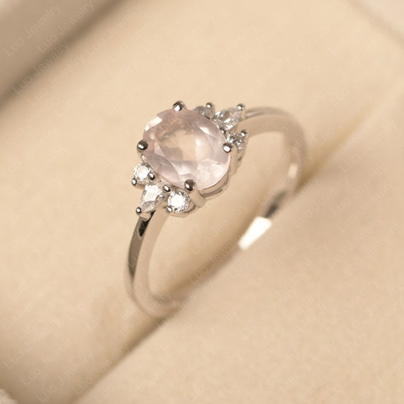 Rose Quartz Engagement Ring, 14k White Gold, Oval Cut, Pink Quartz Wedding Ring