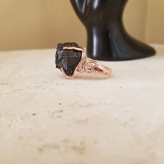 Rough Cut Elite Shungite Ring In 14k Rose Gold Over Copper~ Shungite Magnetic Ring~ Magnetic Therapy~ Rings For Women~ Shungite Jewelry~