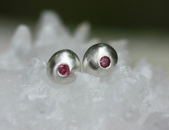 Rubellite Tourmaline Recycled Silver Nugget Stud Post Earrings, October Birthstone Jewelry, Pink Tourmaline Earrings