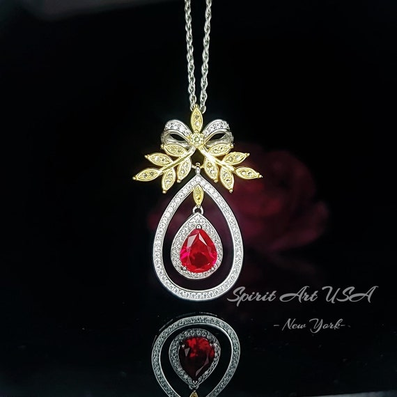Teardrop Ruby Necklace - The Tree Of Life Pendant - 18kgp @ Sterling Silver -  Olive Branch - 2.5 Ct  Pear Cut Ruby Pendant #855