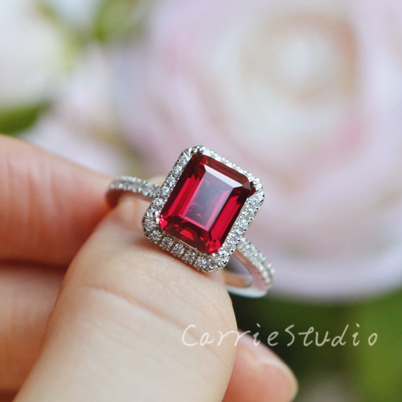 Halo 7*9mm Ruby Ring/silver Ruby Engagement Ring/emerald Cut Anniversary Ring/ Red Gem Ring