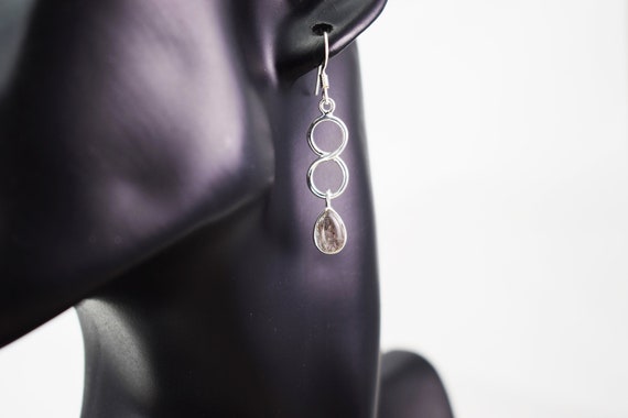 Black Rutile Quartz Infinity Drop Earrings - 9x6 Mm Pear / Teardrop Stones - Sterling Silver