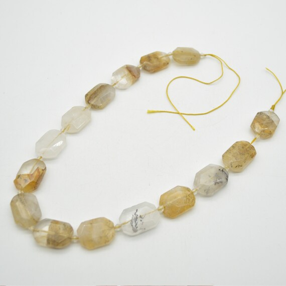Natural Yellow Rutilated Quartz Semi-precious Gemstone Faceted Cross Drilled Rectangle Pendant / Beads - 15"