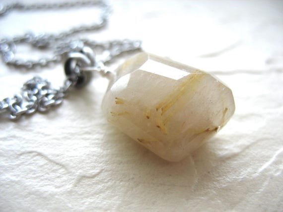 Faceted Rutilated Quartz Gemstone Pendant Necklace Jewelry Handmade In Usa