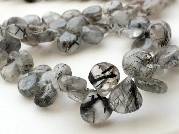 7-11mm Black Rutilated Quartz Plain Heart Beads, Rutile Quartz Briolettes, 4 Inch Black Rutile Quartz Plain Heart For Jewelry - Krs280