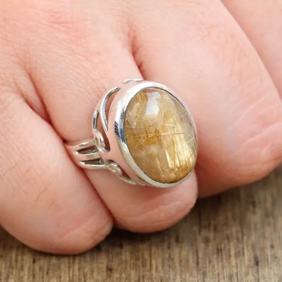 Golden Rutile Ring, Sterling Silver Jewelry, Natural Healing Rutilated Quartz, Statement Rings, Engagement Rings, Gift For Her