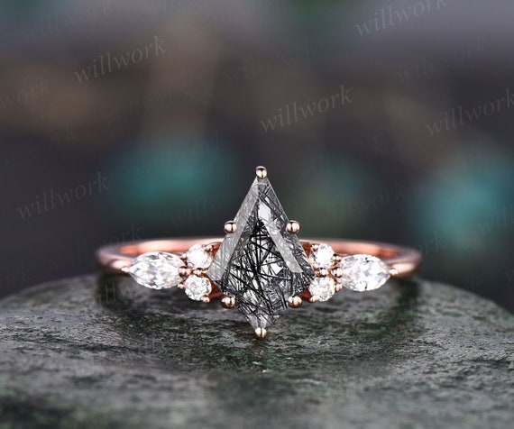 Kite Cut Black Rutilated Quartz Engagement Ring Rose Gold Silver 7 Stone Moissanite Ring Art Deco Unique Vintage Promise Wedding Ring Women