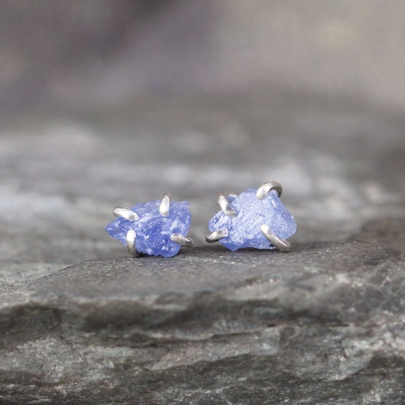 Denim Blue Sapphire Earrings - Raw Uncut Rough Sapphire  Sterling Silver Stud Style Rustic Shape  September Birthstone  Raw Gemstone Earring