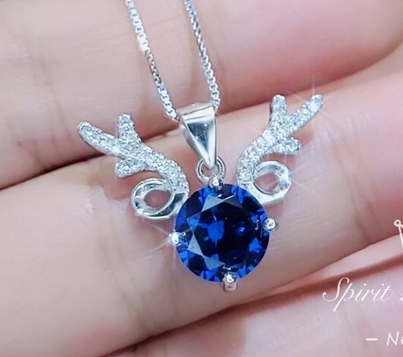 Blue Sapphire Necklace -  18kgp @ Sterling Silver - 2 Ct Blue Sapphire Pendant - Gemstone Antler Deer Jewelry #340