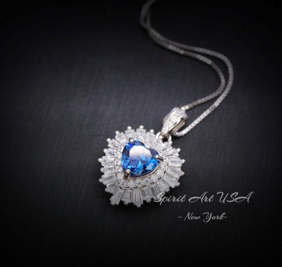 Blue Sapphire Necklace Gemstone Double Halo Heart Style 18kgp @ Sterling Silver Dainty Blue Sapphire Heart Pendant September Birthstone #296