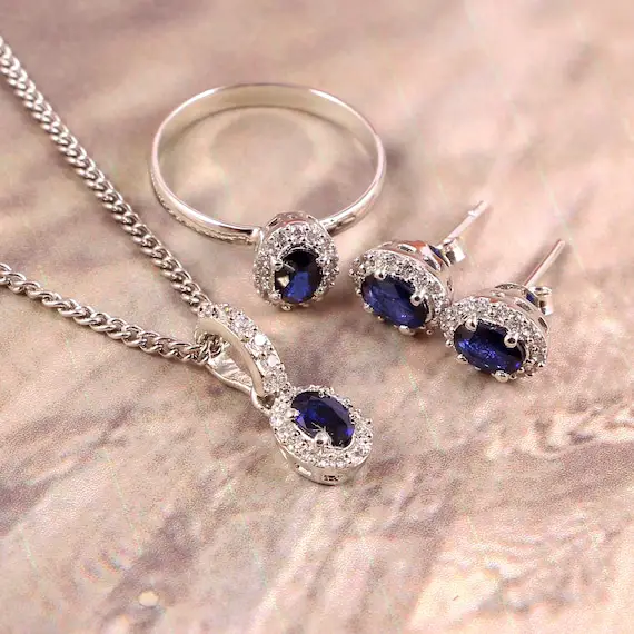 Blue Sapphire Ring Earrings Pendant Necklace, Delicate Statement Jewelry Set, Halo Cluster Jewelry,  925 Sterling Silver, Gift Her Women Mom