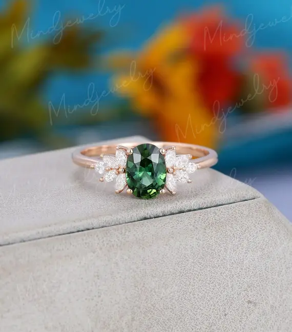 Oval Cut Blue Green Sapphire Engagement Ring Rose Gold Unique Vintage Ring Cluster Marquise Diamond Wedding Bridal Promise Gift  For Women