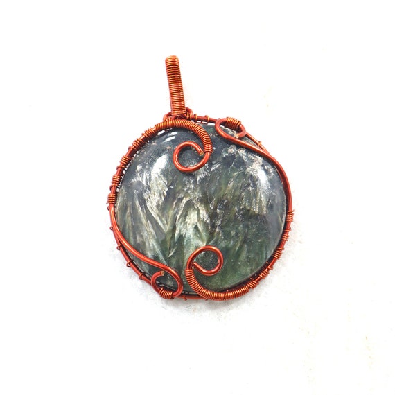 Copper Wire Wrapped Seraphinite Pendant - 43mm Round Gemstone