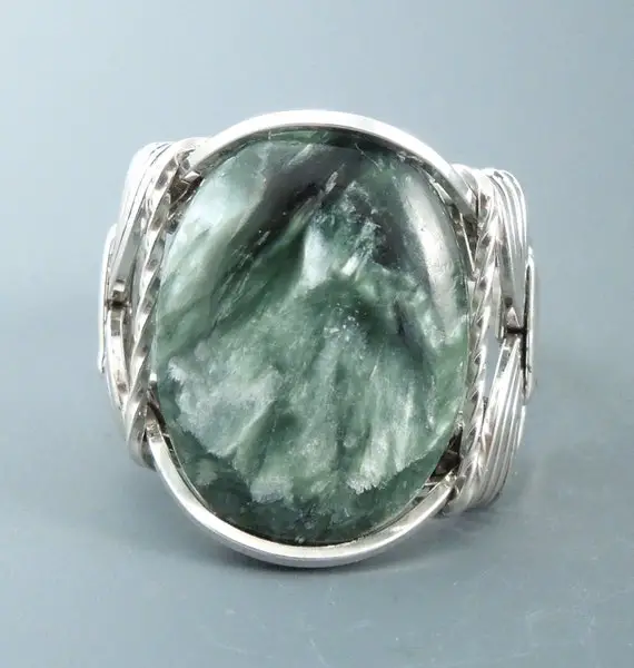 Sterling Silver Seraphinite Cabochon Wire Wrapped  Ring