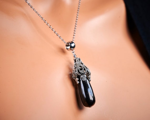 Genuine Untreated Russian Karelian Black Shungite Teardrop Gemstone Flower Pendant On Stainless Steel Adjustable Chain