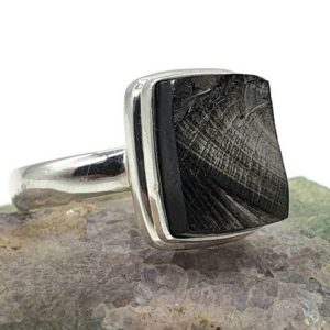 Shungite Ring, Size 9, Sterling Silver, Rectangle Shaped, Black Lustrous Gemstone, Activates seven Chakras, Detoxifies the body, Protection | Natural genuine Array rings, simple unique handcrafted gemstone rings. #rings #jewelry #shopping #gift #handmade #fashion #style #affiliate #ad