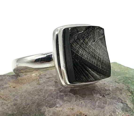 Shungite Ring, Size 7, Sterling Silver, Rectangle Shaped, Black Lustrous Gemstone, Activates Seven Chakras, Detoxifies The Body, Protection