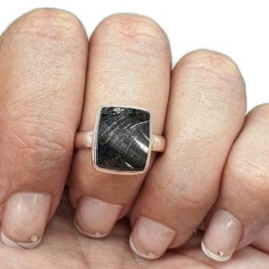 Shop Shungite Rings! Shungite Ring, Size 9, Sterling Silver, Rectangle Shaped, Black Lustrous Gemstone, Activates seven Chakras, Detoxifies the body, Protection | Natural genuine Shungite rings, simple unique handcrafted gemstone rings. #rings #jewelry #shopping #gift #handmade #fashion #style #affiliate #ad