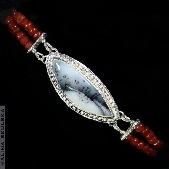 Silver Bracelet With Dendritic Agate And Carnelians, Delicate Carnelian Bead Bracelet,white Gemstone Bracelet,japan Style Delicate Bracelet