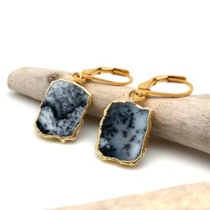Shop Dendritic Agate Earrings! Sliced Dendrite Opal Gold Dipped Earrings / Sliced Dendritic Opal Earrings 13mm / 24K Gold Dipped / Gold Electroplated Agate / Black White | Natural genuine Dendritic Agate earrings. Buy crystal jewelry, handmade handcrafted artisan jewelry for women.  Unique handmade gift ideas. #jewelry #beadedearrings #beadedjewelry #gift #shopping #handmadejewelry #fashion #style #product #earrings #affiliate #ad