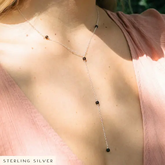 Smoky Quartz Crystal Beaded Chain Lariat Necklace In Bronze, Silver, Gold Or Rose Gold. 16" Chain With 2" Adjustable Extender And 4" Drop