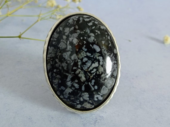 Obsidian Ring For Women, Large Oval Snowflake Obsidian Antique Silver Cabochon Ring