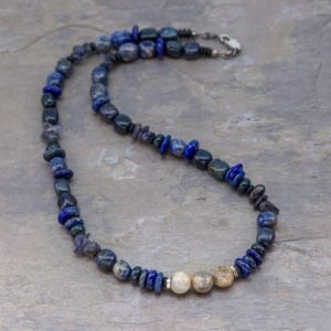 Shop Sodalite Necklaces! Natural Stone Bead Necklace for Men, Stone Surfer Necklace, Blue Stone Men's Necklace, Sodalite Necklace, Blue Necklace Gift for Boyfriend | Natural genuine Sodalite necklaces. Buy handcrafted artisan men's jewelry, gifts for men.  Unique handmade mens fashion accessories. #jewelry #beadednecklaces #beadedjewelry #shopping #gift #handmadejewelry #necklaces #affiliate #ad