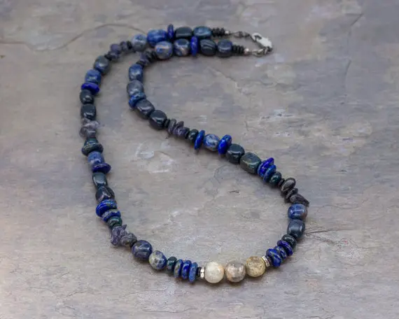 Natural Stone Bead Necklace For Men, Stone Surfer Necklace, Blue Stone Men's Necklace, Sodalite Necklace, Blue Necklace Gift For Boyfriend