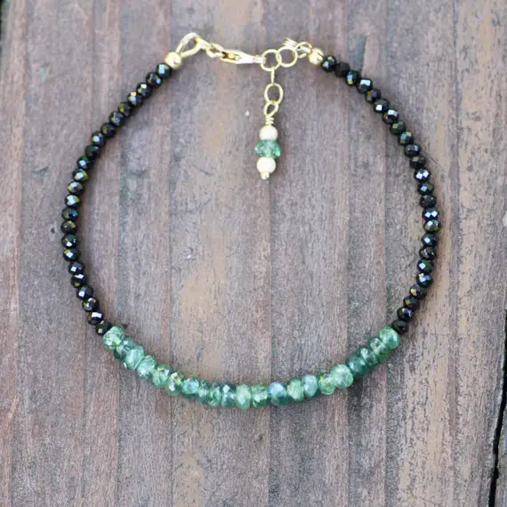 Natural Black Spinel Green Aquamarine Bracelet 14k Gold Filled , March Birthstone