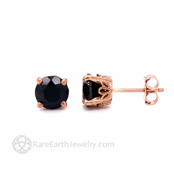 14k Gold Black Spinel Earrings Jet Black Stone Studs Round Black Spinel Stud Earrings Gold Black Stone Stud Earrings