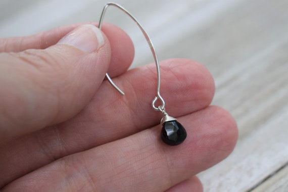 Wire Wrapped Black Spinel Earrings - Large Marquis Drop Earrings - Sterling Silver - Aaa Quality Natural Faceted Gemstone