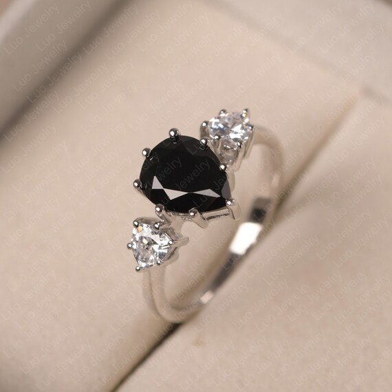 Multi-stone Engagement Ring, Black Spinel Three Stone Ring, Pear Cut,sterling Silver, Unique Gifts