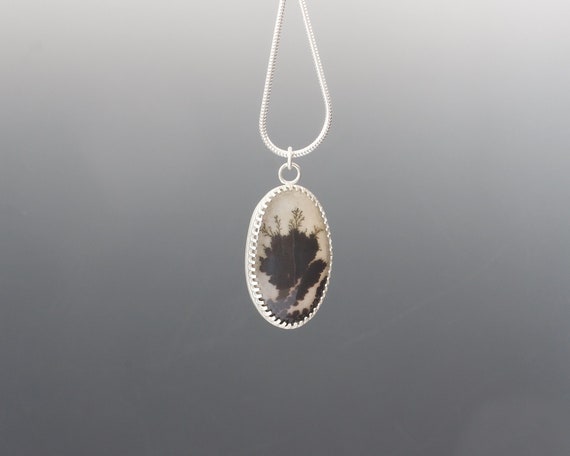 Sterling Silver Dendritic Agate Pendant, Scenic Picture Agate, Doublet, 18 Inch Snake Chain With Lobster Clasp Necklace, Minimalist Pendant
