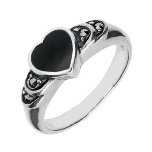 Shop Jet Rings! Sterling Silver Whitby Jet Heart Marcasite Shoulder Ring | Natural genuine Jet rings, simple unique handcrafted gemstone rings. #rings #jewelry #shopping #gift #handmade #fashion #style #affiliate #ad