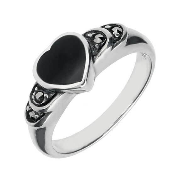 Sterling Silver Whitby Jet Heart Marcasite Shoulder Ring