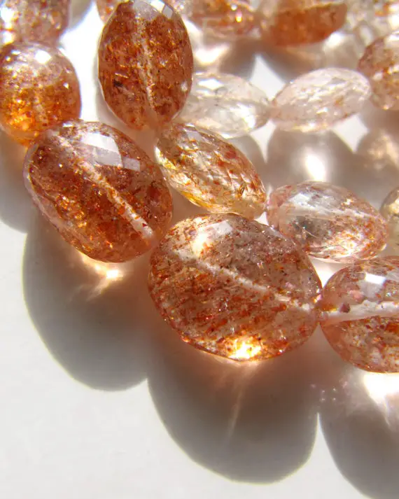 Sunstone Oval Nuggets • 10-14mm • Aaa Micro Faceted Gemstone Drilled Beads • Natural Genuine • Shaded Orange Copper Schiller Gold Clear