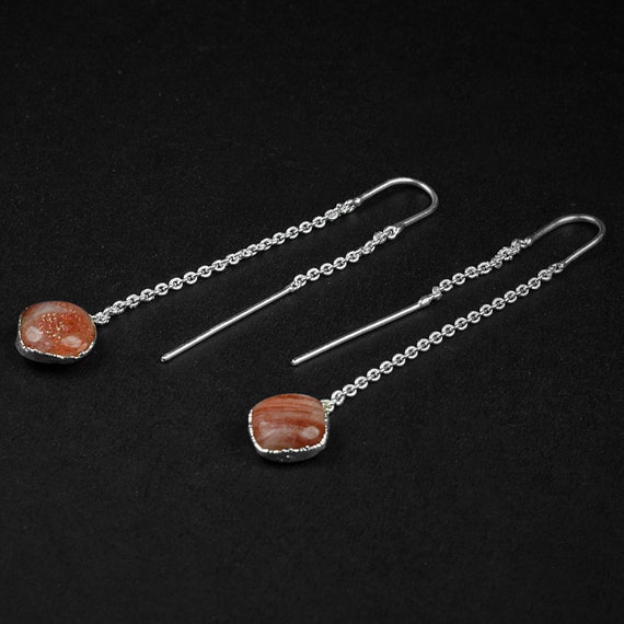 Natural Red Sunstone Handmade Earrings  Brass Earrings  Gemstone Earrings  Chain Earrings  Dangle Earrings  Ear Threader Earrings