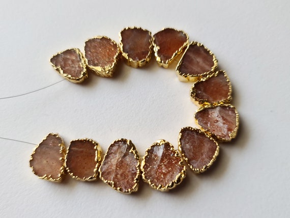 12-14mm Sunstone Slice Beads, Electroplated Raw Sunstone Beads, 4 Inch Sunstone Slices For Necklace, 12 Pcs Natural Sunstone Slices - Pdg337