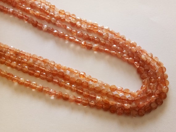 4mm Sunstone Faceted Coin Beads, 13 Inches Natural Sunstone Round Coin Beads, Sunstone For Necklace (1 Strand To 5 Strand Options) - Aag66
