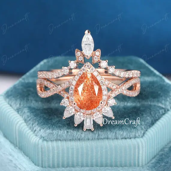 Sunstone Engagement Ring Rose Gold 14k Pear Shape Unique Engagement Ring Sets Vintage Marquise Cut Moissanite Ring Wedding Bridal Ring