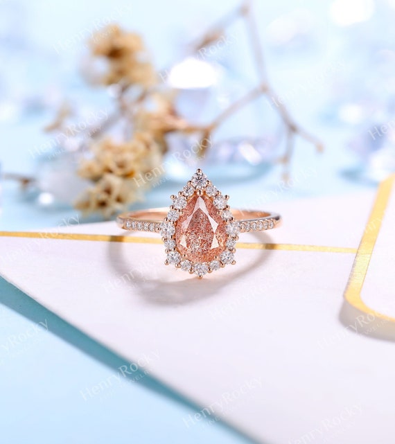 Pear Shaped Africa Sunstone Engagement Ring Vintage Moissanite Diamond Halo Ring Art Deco Rose Gold Half Eternity Promise Anniversary Ring