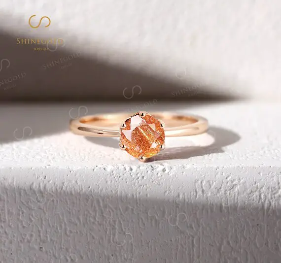Vintage African Sunstone Engagement Ring Rose Gold Round Cut Prong Set Wedding Ring Bridal Solitaire Ring Art Deco Anniversary Promise Ring